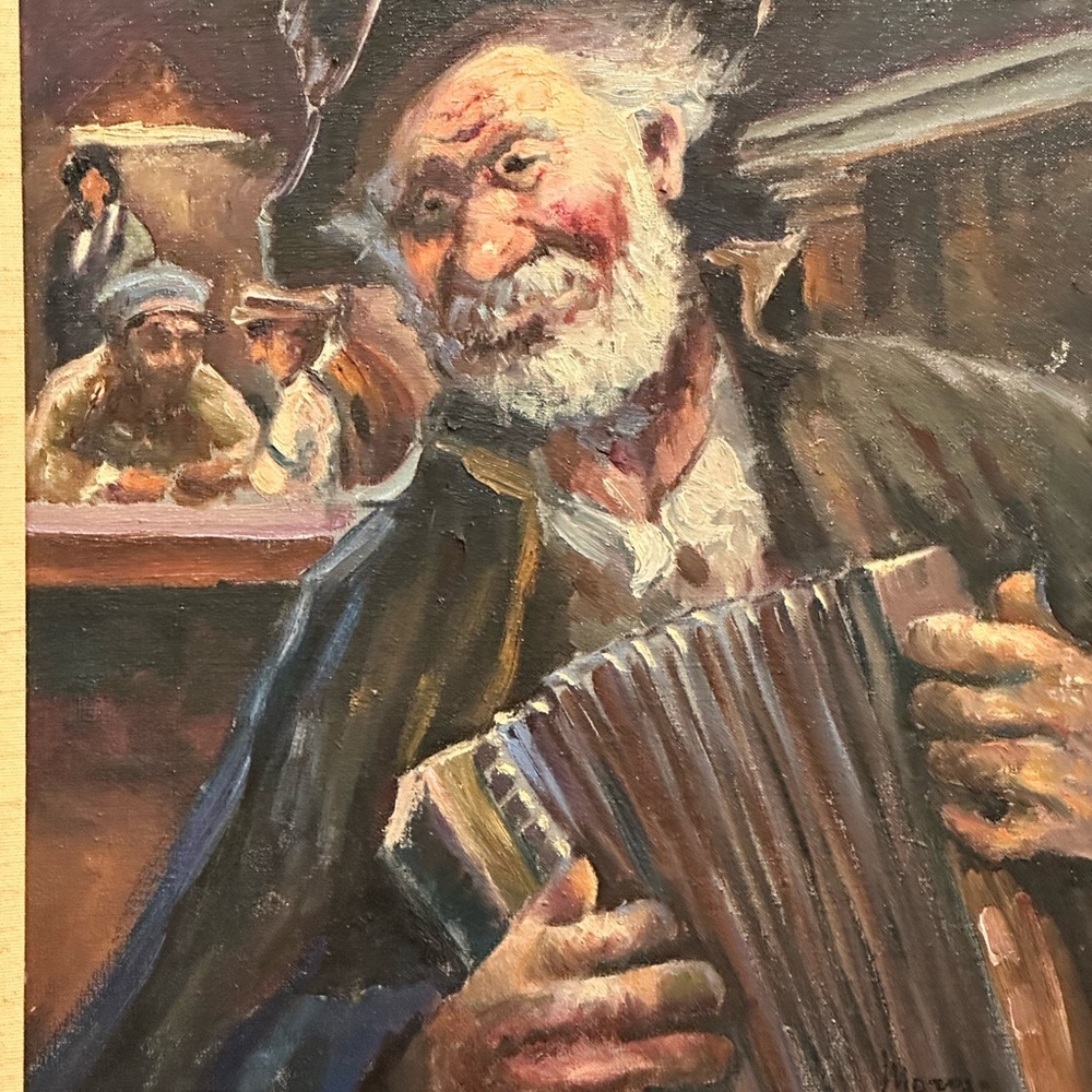 Vintage 3th quarter 20th century org painting elderly busker playing squeeze box - Picture 6 of 14